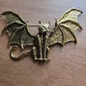 Egyptian Bat Cat Brass Brooch